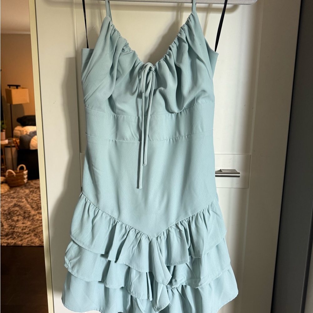 Light Blue Ruffled Open Back Dress - Picture 3 of 8